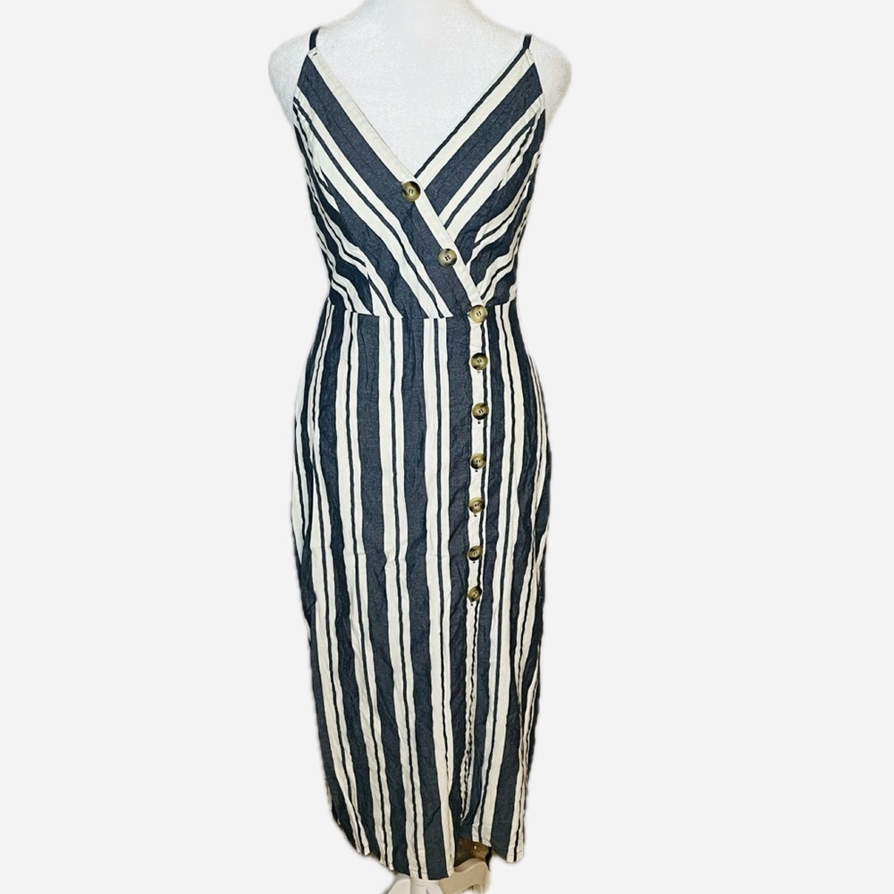 Entro Navy & White Striped Button Front Midi Dress- Small - Picture 2 of 7